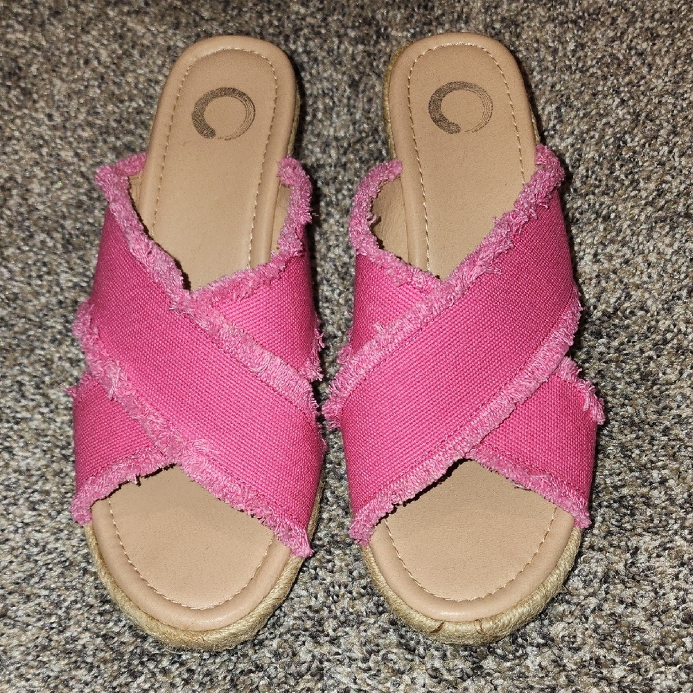 Pink Frayed Slide Sandals